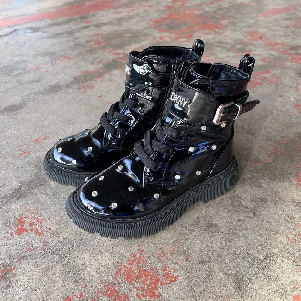 👢DNKY👢DKNY Combat Boots Ava Dila Moto Side Zipper Crystal Boot Pre-Owned